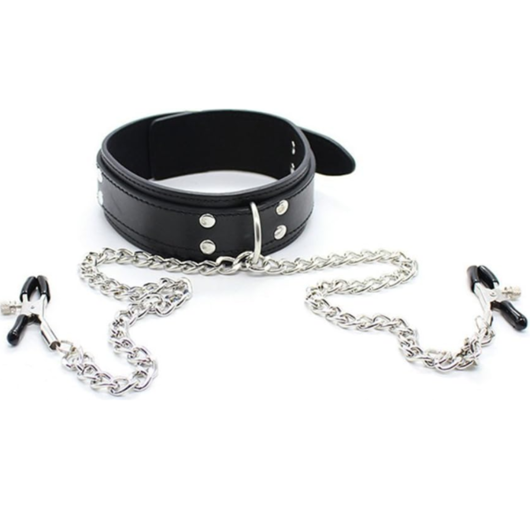 Collar de Cuero con Pinzas para Pezones