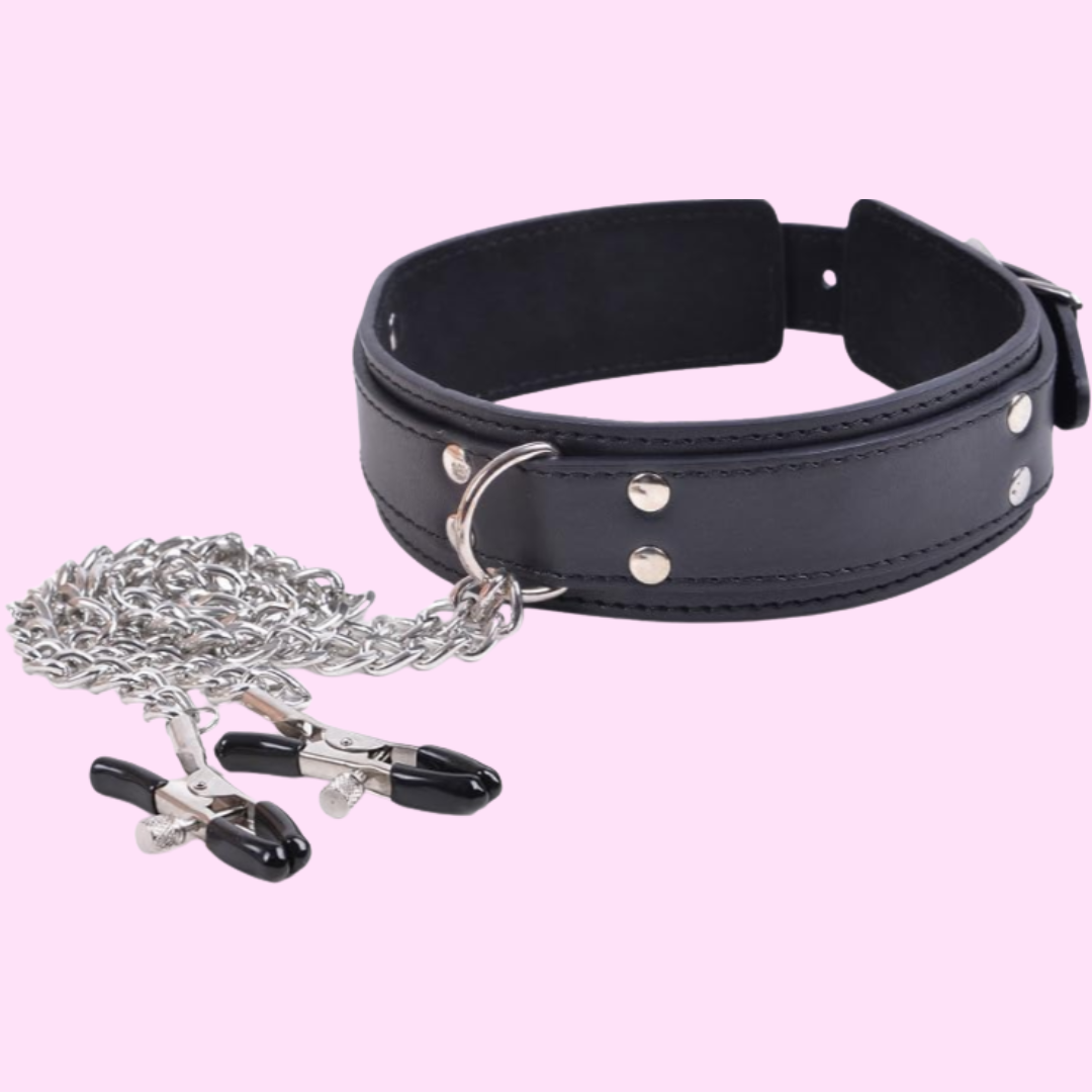 Collar de Cuero con Pinzas para Pezones
