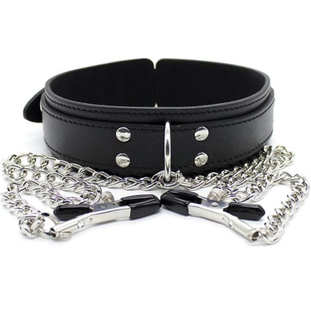 Collar de Cuero con Pinzas para Pezones