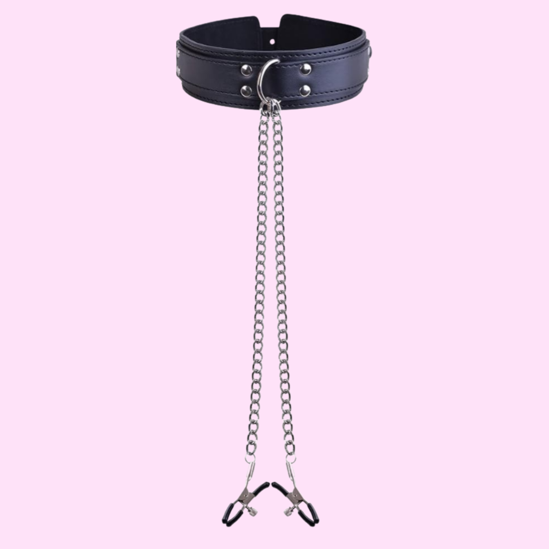 Collar de Cuero con Pinzas para Pezones