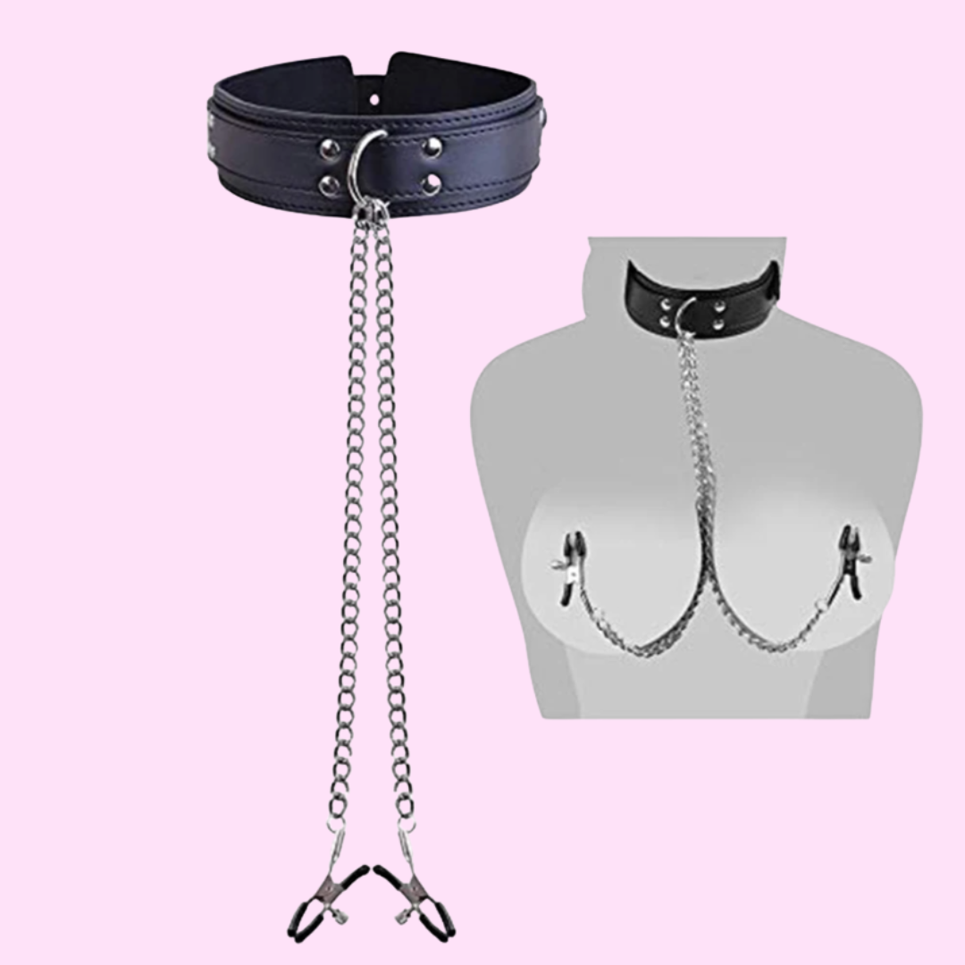 Collar de Cuero con Pinzas para Pezones